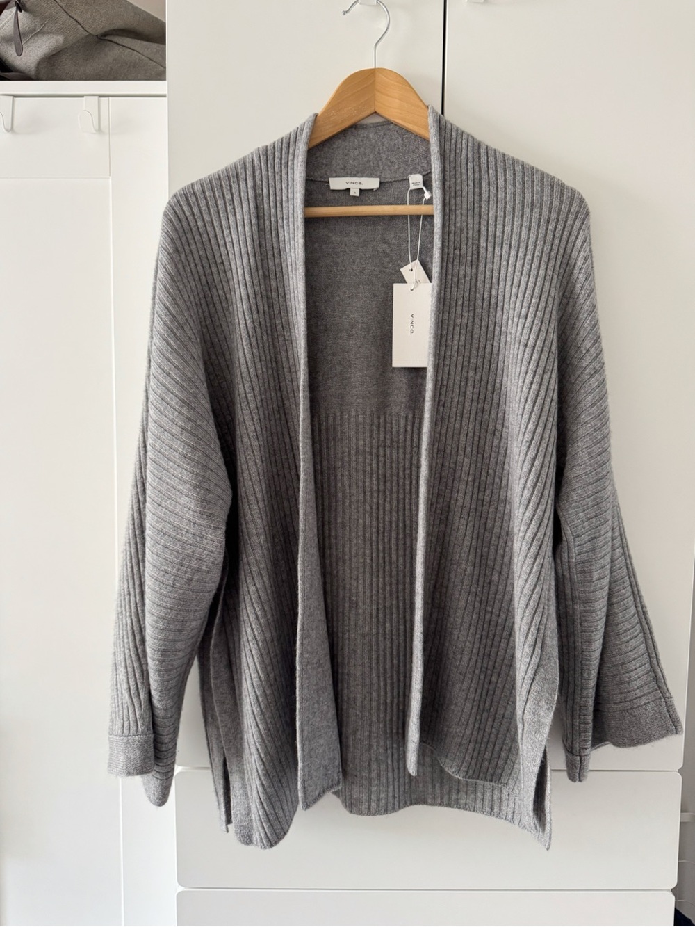 NEW with tags, VINCE Open-front Split Panel Ribbed Cardigan - Heather Grey